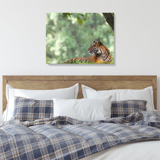 Tijger die onder een boom springt canvas afdruk (Insitu (Slaapkamer))