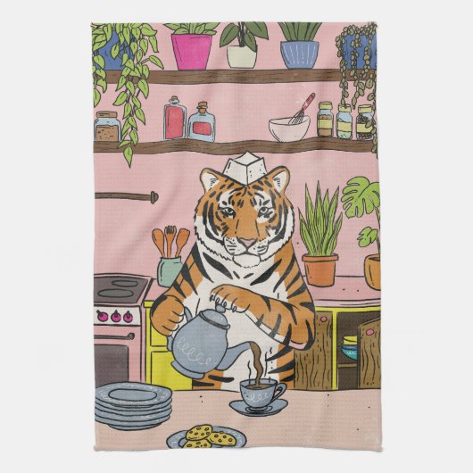 Tijger die thee maakt theedoek (Verticaal)