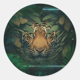 Tijger die zich in het gebladerte verstoppert ronde sticker