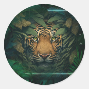 Tijger die zich in het gebladerte verstoppert ronde sticker