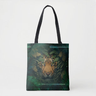 Tijger die zich in het gebladerte verstoppert tote bag
