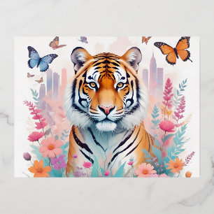 Tijger Dier Natuur Bos Oerwoud Bloemen Folie Feestdagen Briefkaart