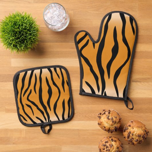 Tijger dier strepen patroon ovenwant & pannenlap set (Top down)