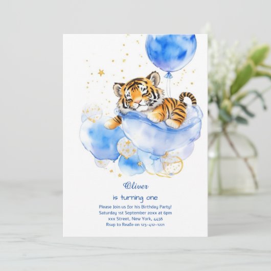 Tijger eerste verjaardag uitnodiging (Staand voorkant)