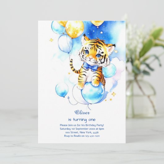 Tijger eerste verjaardag uitnodiging (Staand voorkant)