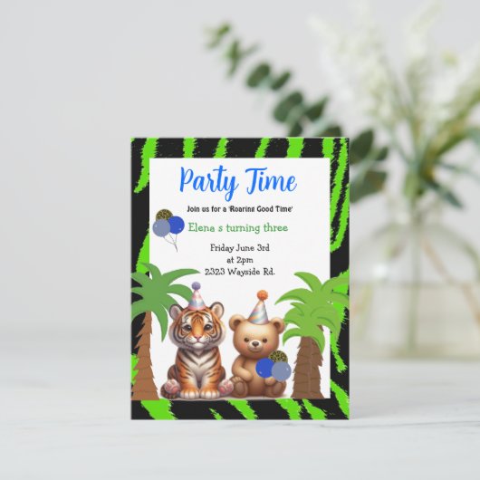 Tijger en Beer Oerwoud Thema Verjaardagsuitnodigin Kaart (Staand voorkant)