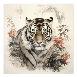 Tijger en bloemen foto afdruk