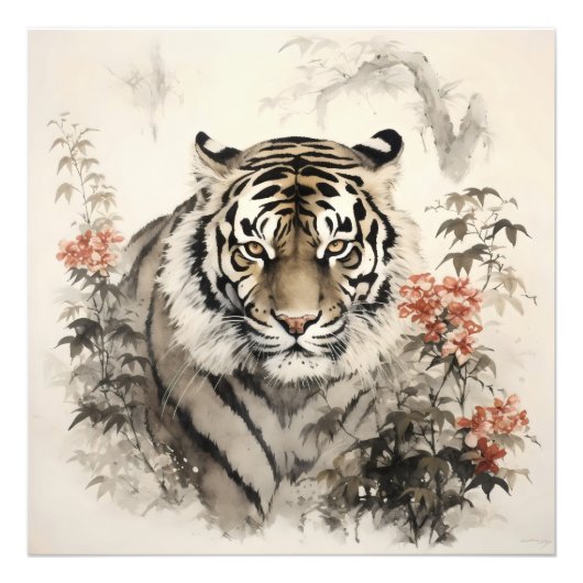 Tijger en bloemen foto afdruk (Voorkant)