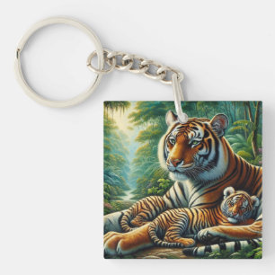Tijger en Cub in een weelderig Oerwoud schilderij Sleutelhanger