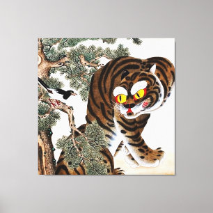 Tijger en Ekster Minhwa onder dennenboom Canvas Afdruk