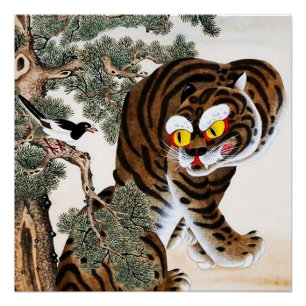 Tijger en Ekster Minhwa onder dennenboom Perfect Poster