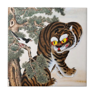 Tijger en Ekster Minhwa onder dennenboom Tegeltje