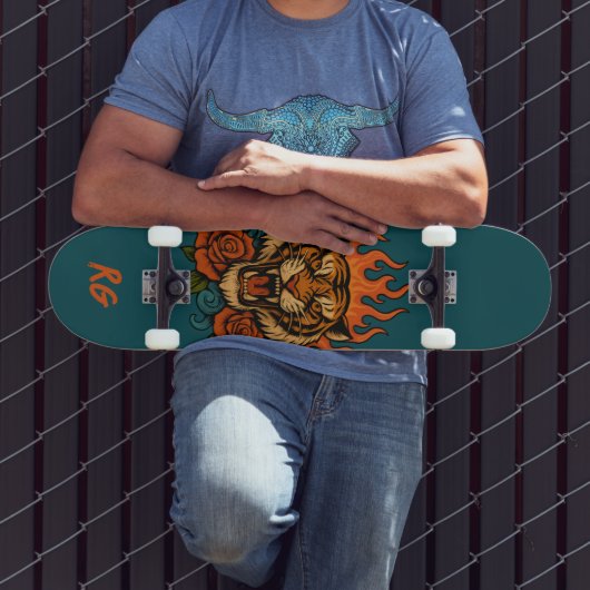Tijger en Rozen met monogram Persoonlijk Skateboard (Buiten 3)