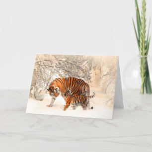 Tijger en sneeuw tijdens het winterWenskaart Bedankkaart