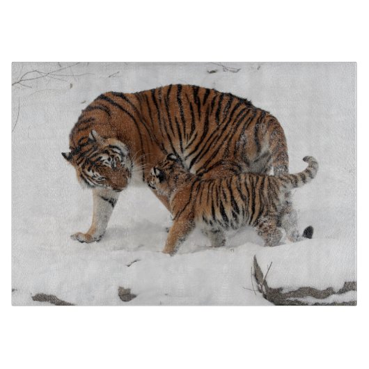 Tijger en welp in de sneeuw snijplank (Voorkant)