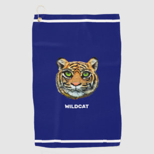 Tijger- en Wildkattekst op marineblauw en witte st Golfhanddoek