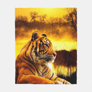 Tijger en zonsondergang fleece deken