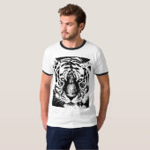 Tijger Gezicht Mannen Basic Ringer Zwart & Wit T-shirt (Voorkant volledig)