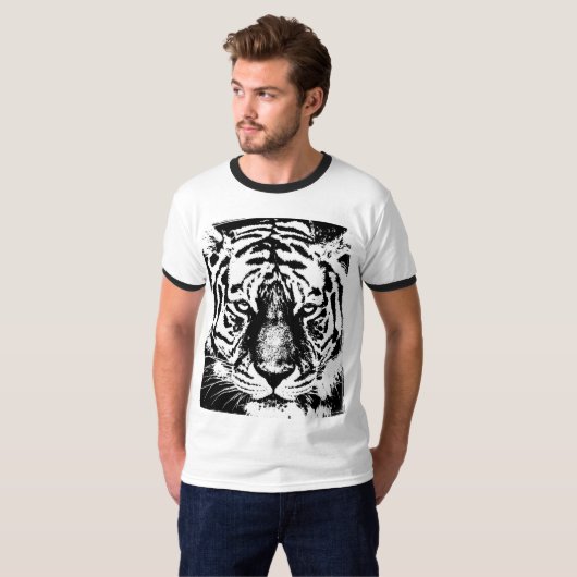 Tijger Gezicht Mannen Basic Ringer Zwart & Wit T-shirt (Voorkant volledig)