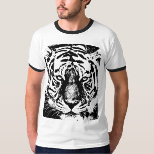Tijger Gezicht Mannen Basic Ringer Zwart & Wit T-shirt