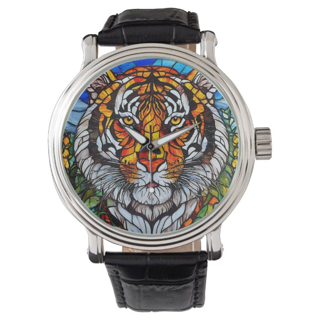 Tijger glas in lood horloge (Voorkant)