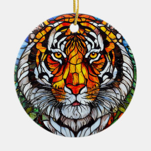 Tijger glas in lood keramisch ornament
