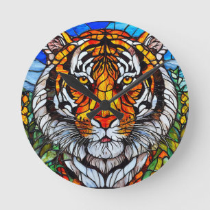 Tijger glas in lood ronde klok