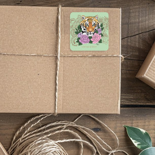 Tijger Henna Roze Paarse Bloemen Boekplaat Vierkante Sticker