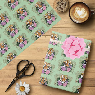 Tijger Henna roze paarse bloemen Cadeaupapier