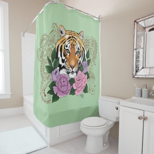 Tijger Henna roze paarse bloemen Douchegordijn (In situ)