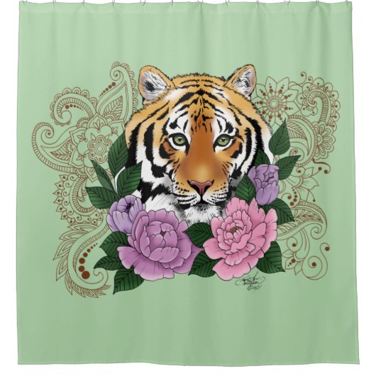 Tijger Henna roze paarse bloemen Douchegordijn (Voorkant)