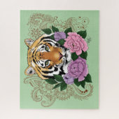 Tijger Henna roze paarse bloemen Legpuzzel (Verticaal)