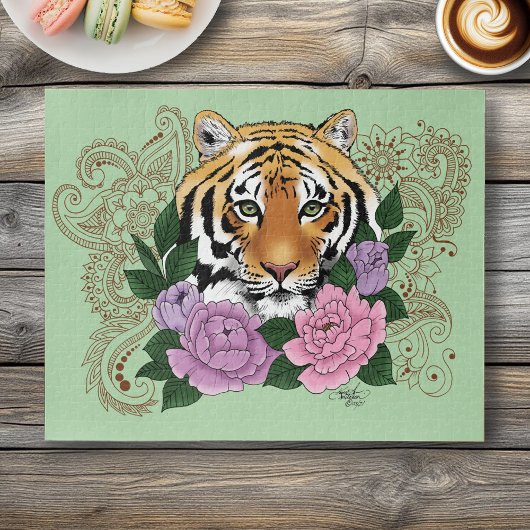 Tijger Henna roze paarse bloemen Legpuzzel