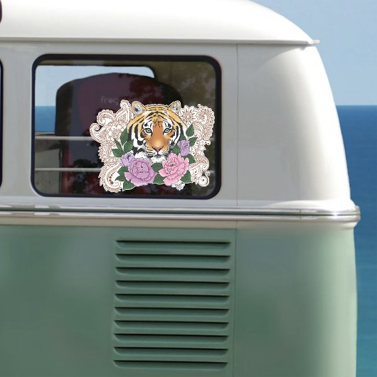 Tijger Henna roze paarse bloemen Sticker