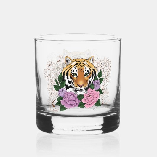 Tijger Henna roze paarse bloemen Whisky Glas (Achterkant)