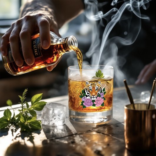 Tijger Henna roze paarse bloemen Whisky Glas