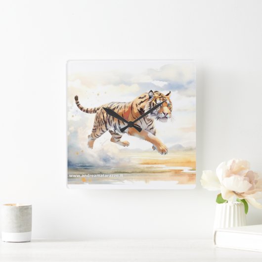 Tijger in actie vierkante klok (Huis)
