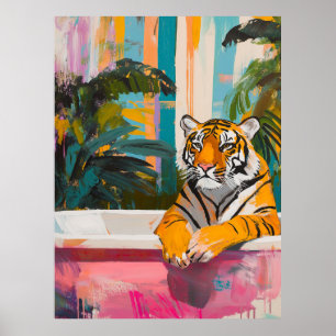 Tijger in bad: tropische tuin poster