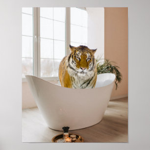 Tijger in Bathtub Black White Bathroom art Poster