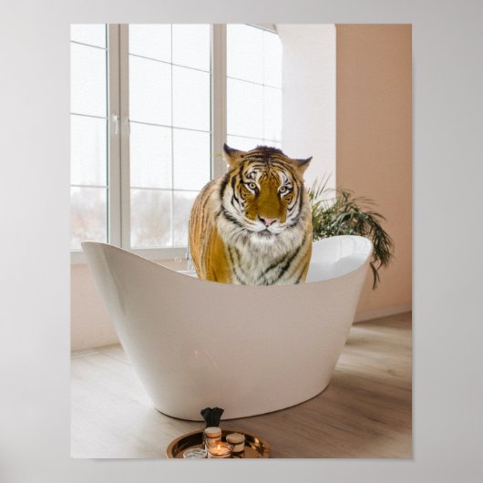 Tijger in Bathtub Black White Bathroom art Poster (Voorkant)