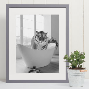 Tijger in Bathtub Black White Bathroom art Poster
