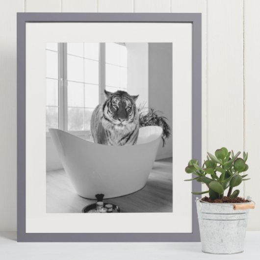 Tijger in Bathtub Black White Bathroom art Poster