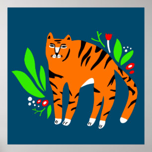 Tijger in bloemen poster
