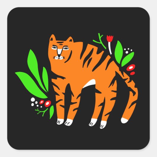 Tijger in bloemen vierkante sticker (Voorkant)