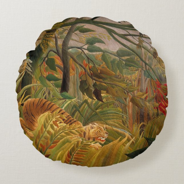 Tijger in een tropisch Storm door Henri Rousseau Rond Kussen (Voorkant)