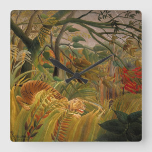 Tijger in een tropische storm door Henri Rousseau Vierkante Klok