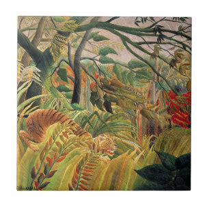 Tijger in een tropische storm van Rousseau Tegeltje
