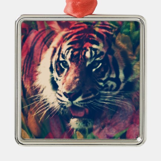 Tijger in het Floral Field Metalen Ornament (Voorkant)