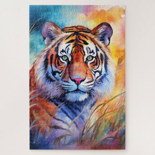 Tijger in het gras in waterverf legpuzzel