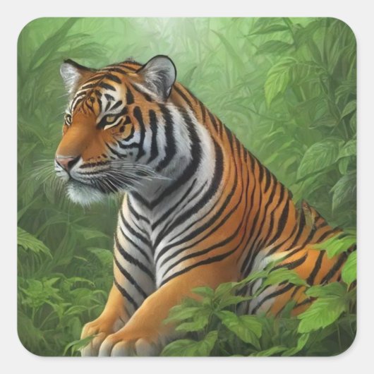 Tijger in oerwoud vierkante sticker (Voorkant)